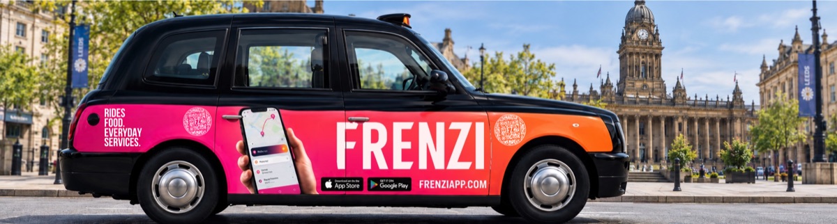 A Frenzi-wrapped cab outside Leeds Town Hall: rides, food, everyday services, and the Frenzi QR code on its rear panel and front door